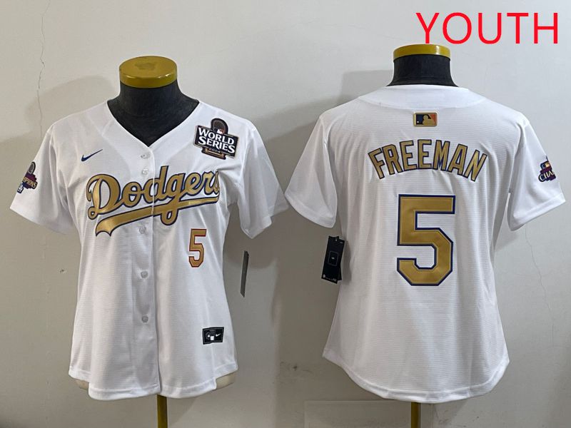 Youth Los Angeles Dodgers #5 Freeman White Champion gold character 2025 Nike MLB Jersey style 3